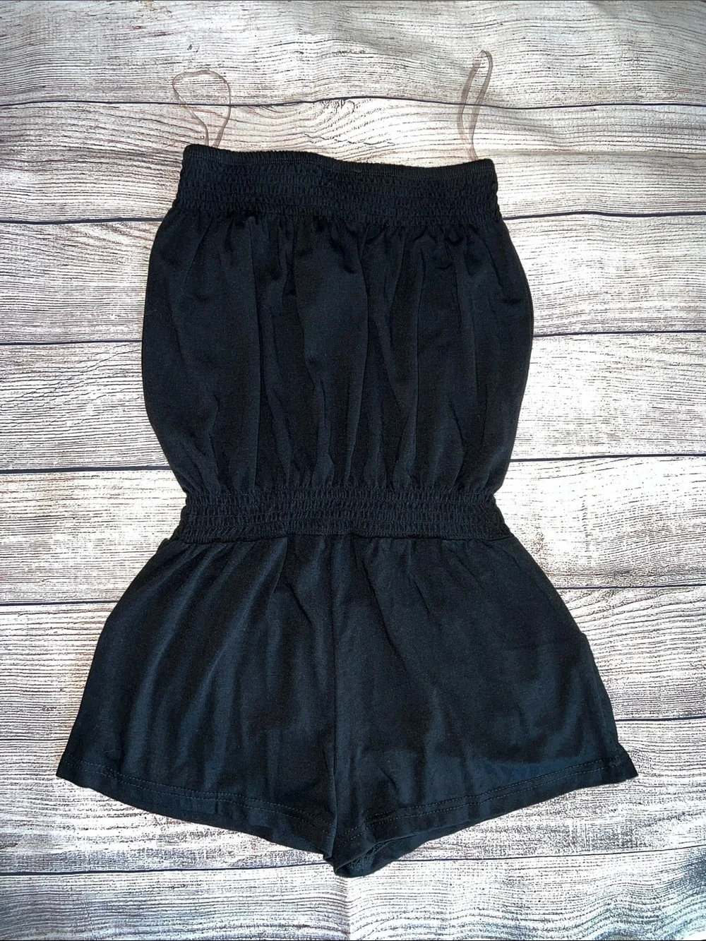 VENUS Black Strapless Smocked Romper